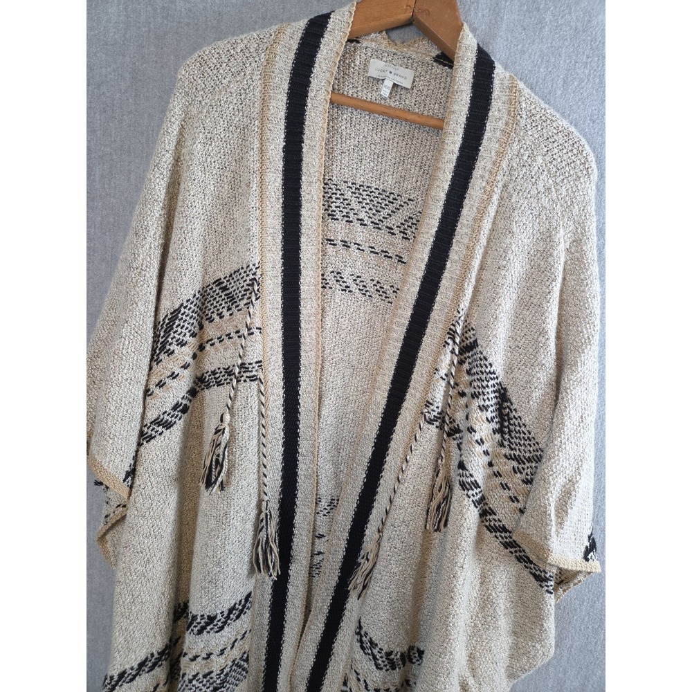 Lucky Brand XS S Beige Black Cotton Tassel Fringe Ruana Cardigan Wrap Boho Relax